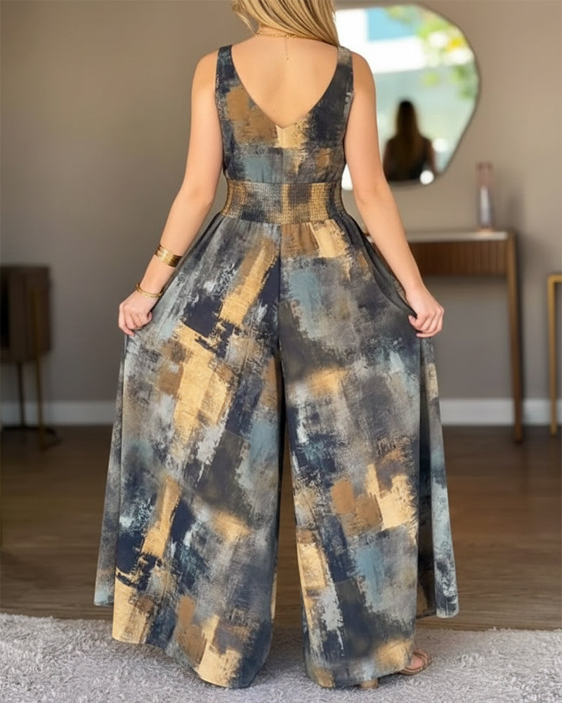 "Abstract Oil Print V-Neck Wide Leg High Waist Jumpsuit"