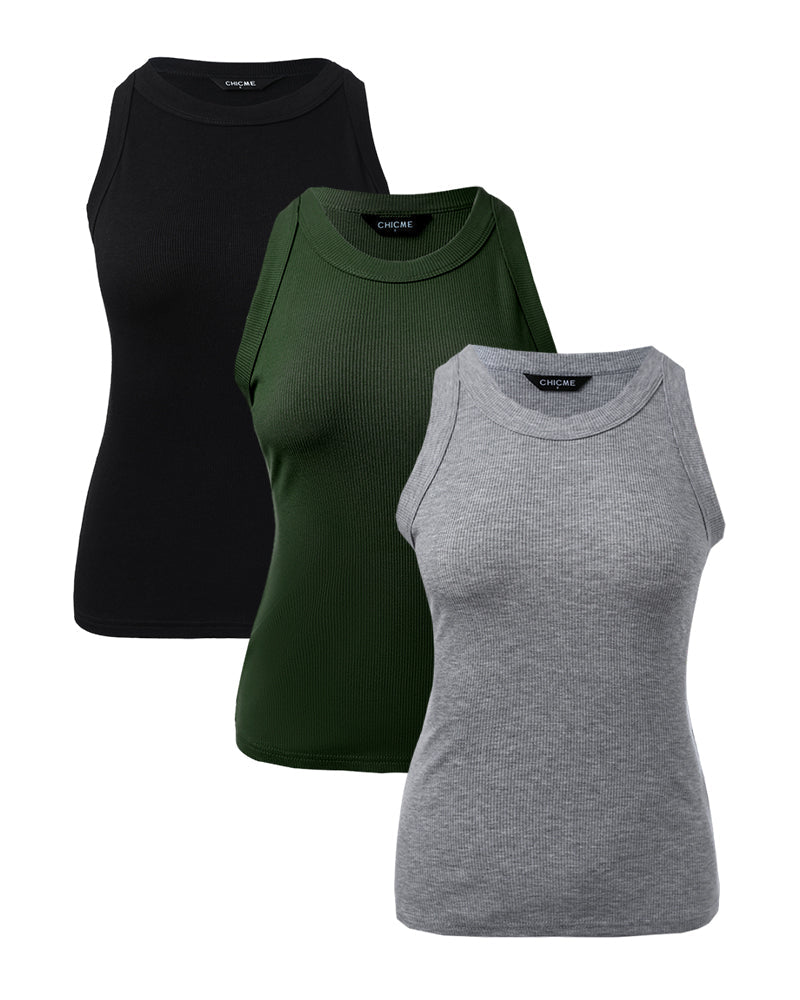 3-Pack Knit Racerback Tank Tops, Round Neck, Thick Straps