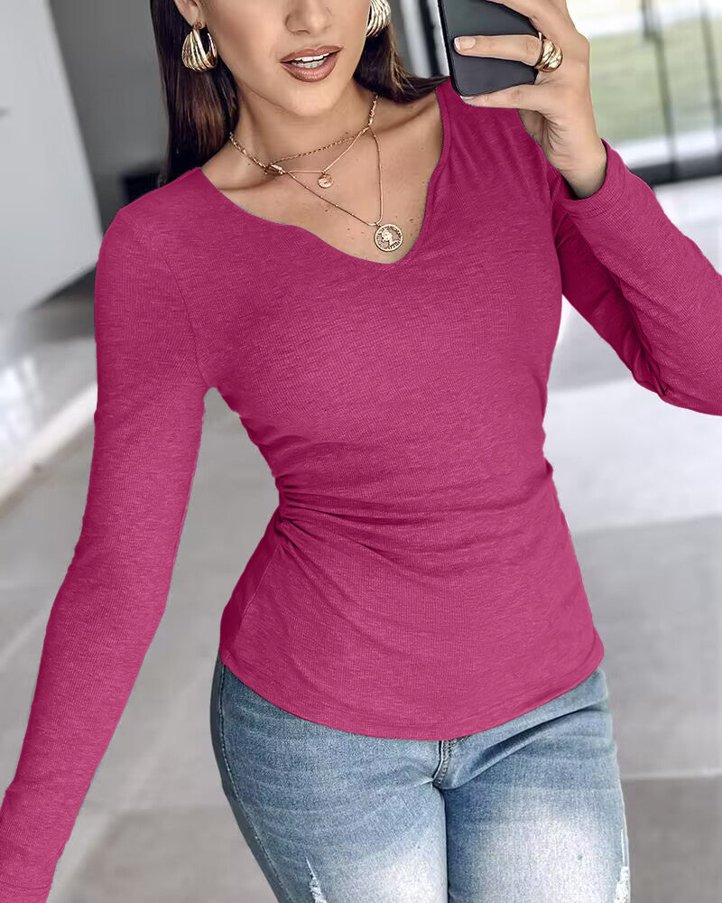 Rib Knit Notch Neck Long Sleeve Top with Built-In Bra