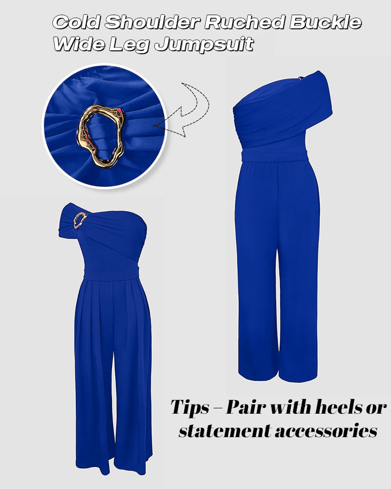 Buckled Cold Shoulder Ruched Wide-Leg Fashion Jumpsuit
