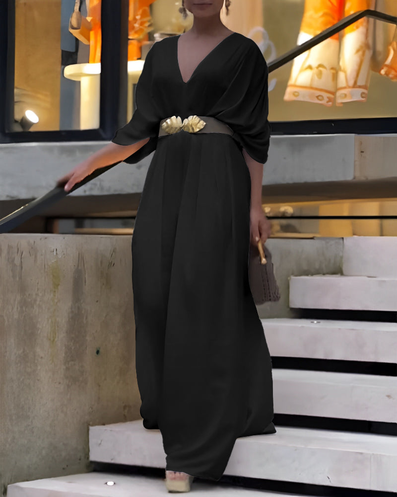 Deep V-Neck Jumpsuit with Ruched Sleeves and Waist Ties