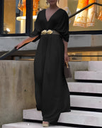 Deep V-Neck Jumpsuit with Ruched Sleeves and Waist Ties