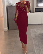 Mock Neck Beaded Mesh Bodycon Dress with Rear Zipper