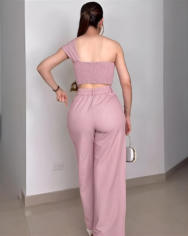 One-Shoulder Rhinestone Floral Crop Top with High-Waisted Pants Set