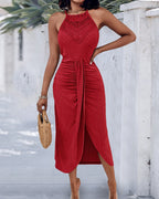 Ruched Halter Dress with Lace Yoke and Adjustable Neckline