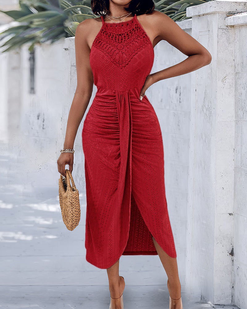 Ruched Halter Dress with Lace Yoke and Adjustable Neckline