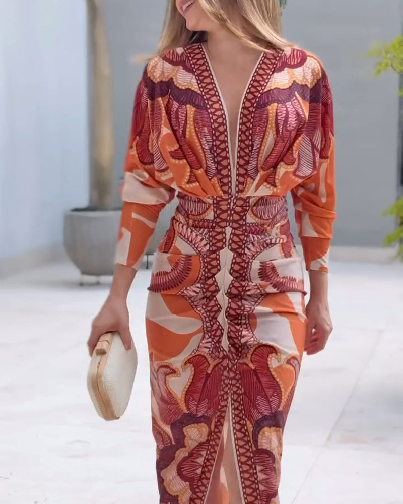 Vintage Baroque Deep V-Neck Bodycon Dress with Ruched Long Sleeves