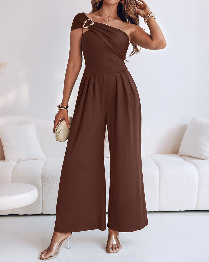 Buckled Cold Shoulder Ruched Wide-Leg Fashion Jumpsuit