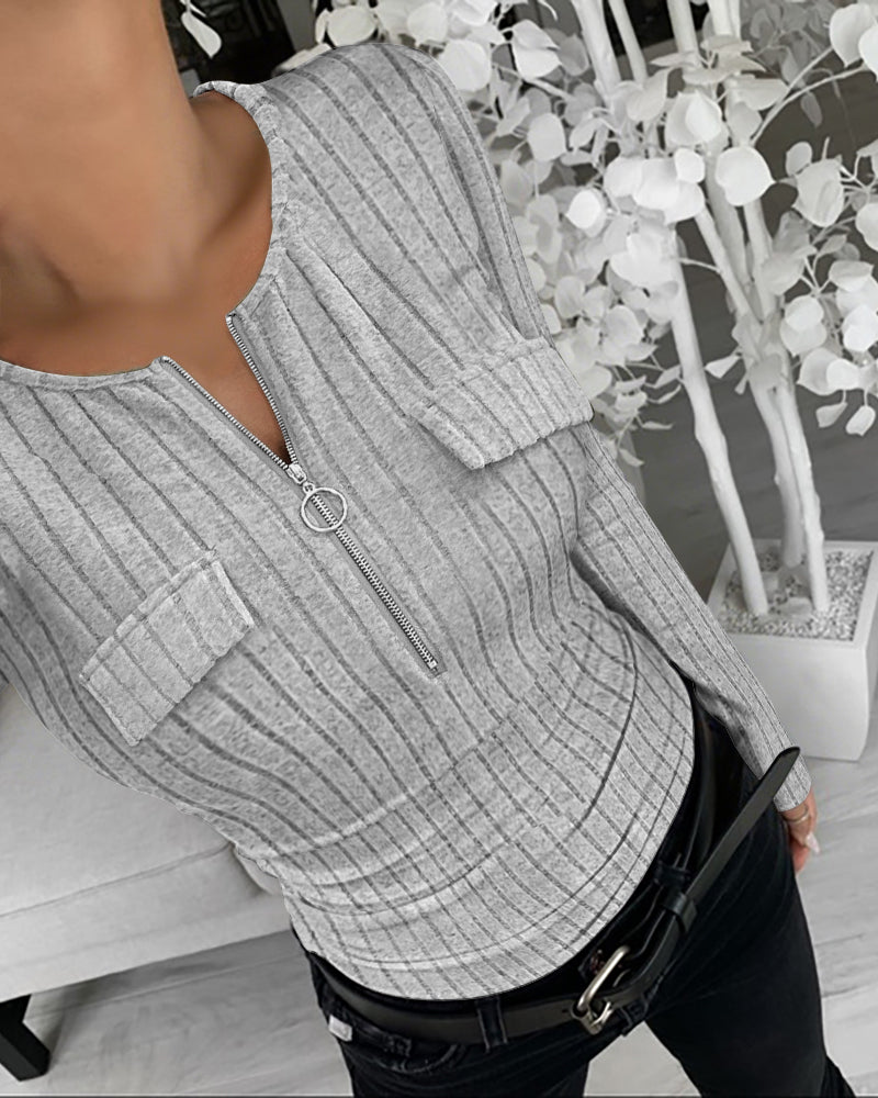 Long Sleeve Half Zip Ribbed Tee with Flap Detail