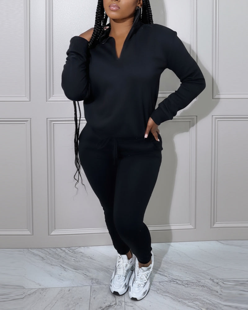 2-Piece Half-Zip High Neck Top and Drawstring Joggers Set