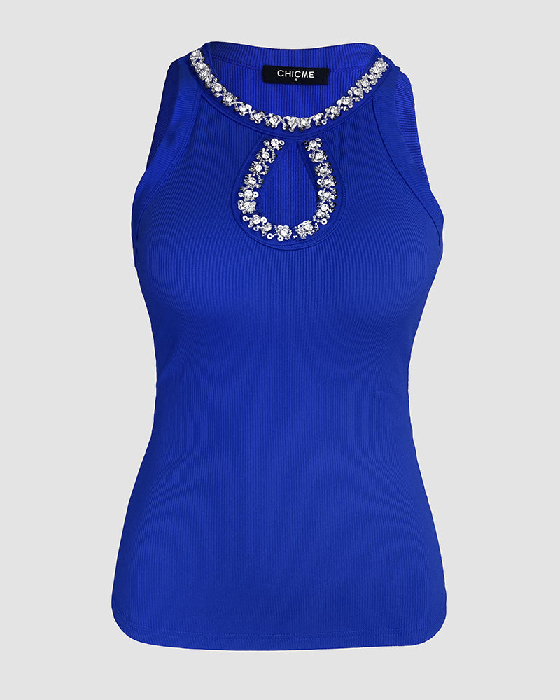 Sequin Keyhole Neck Sleeveless Rhinestone Ribbed Tank Top