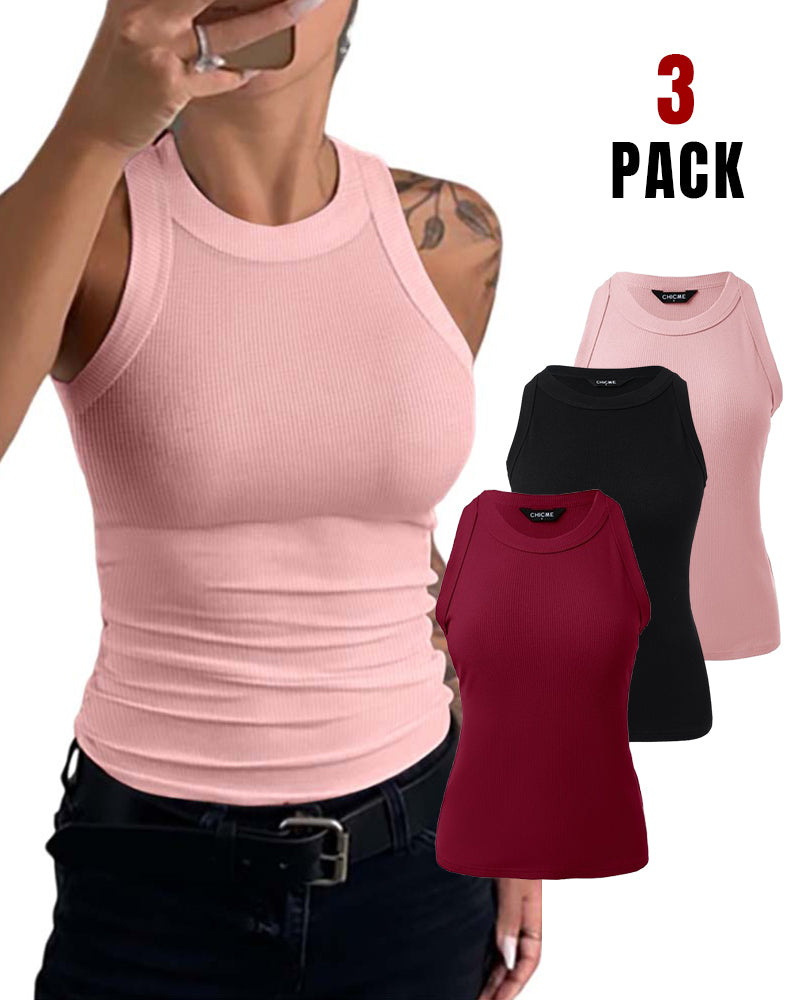3-Pack Knit Racerback Tank Tops, Round Neck, Thick Straps