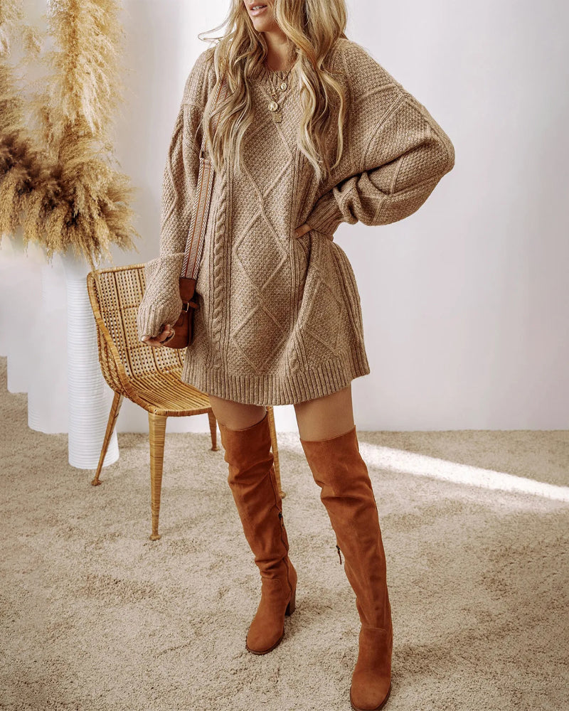Casual Mid-Length Cable Knit Drop Shoulder Pullover Sweater