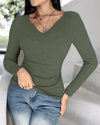 Rib Knit Notch Neck Long Sleeve Top with Built-In Bra