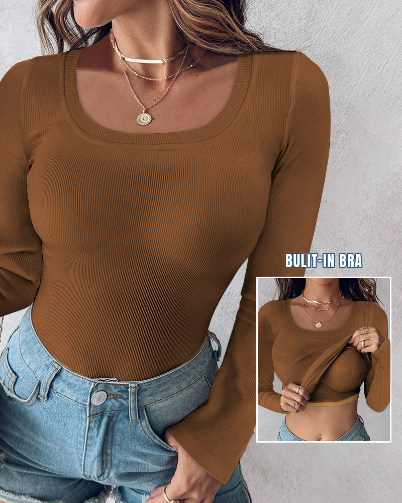 U-Neck Long Sleeve Ribbed Top with Built-In Bra