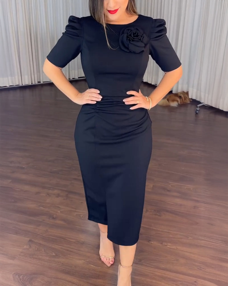3D Floral Ruched Bodycon Dress with Puff Sleeves and Slit