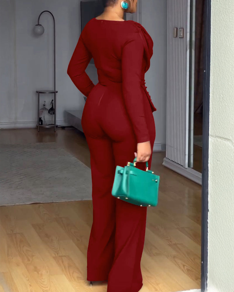 Cowl Neck Asymmetrical Cinched Waist Wide Leg Zippered Jumpsuit