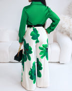 Satin Blouse and Floral Wide-Leg Pants Two-Piece Set