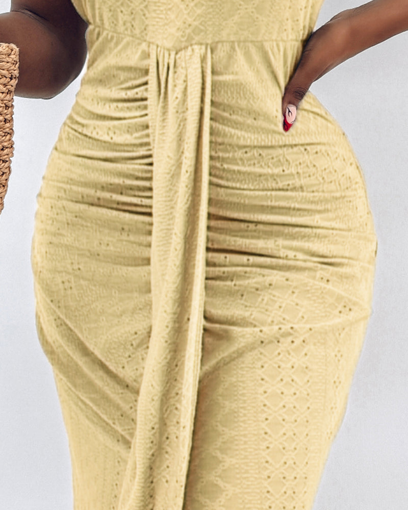 Ruched Halter Dress with Lace Yoke and Adjustable Neckline