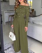 Pearl-Adorned Asymmetrical Neck Ruched Jumpsuit with Cinched Waist