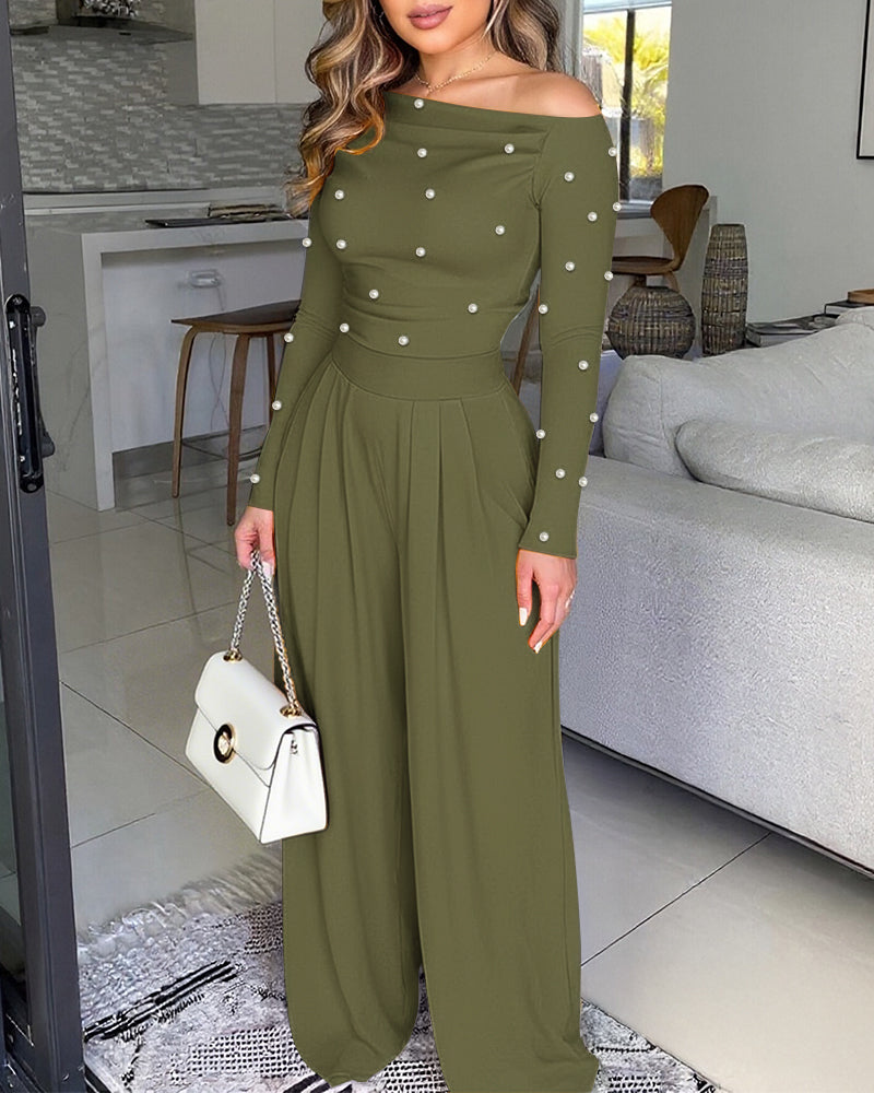 Pearl-Adorned Asymmetrical Neck Ruched Jumpsuit with Cinched Waist
