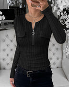 Long Sleeve Half Zip Ribbed Tee with Flap Detail