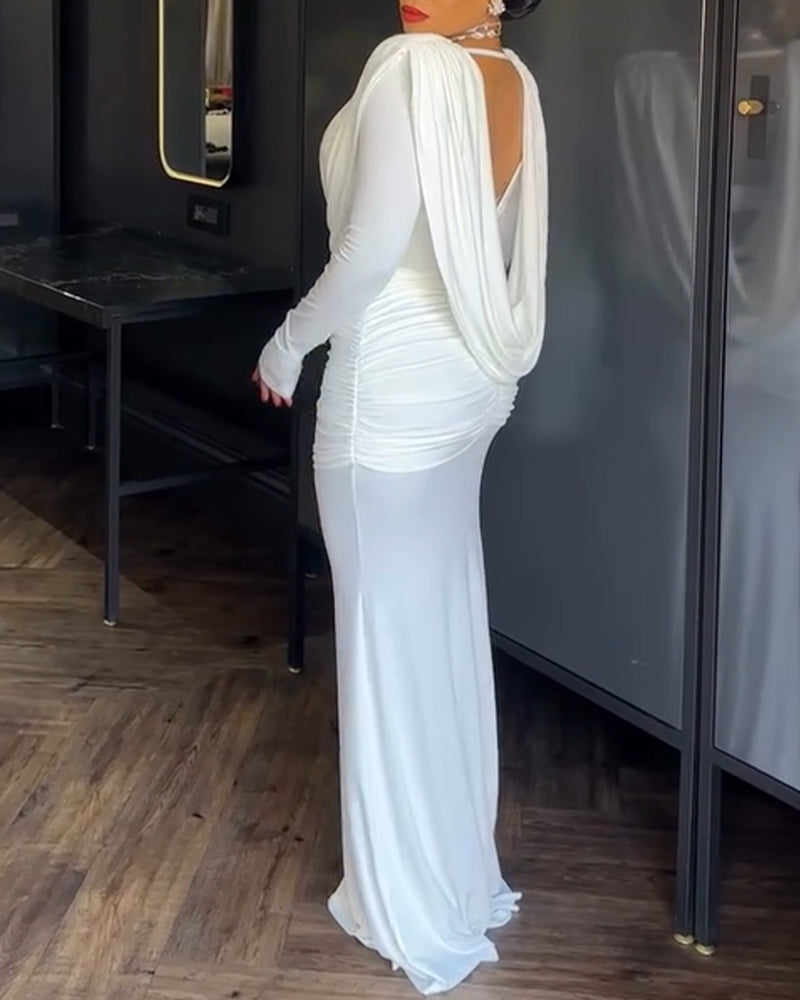 Padded Shoulder Cowl Neck Ruched Backless Maxi Dress