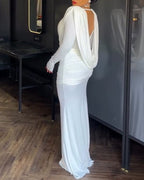Padded Shoulder Cowl Neck Ruched Backless Maxi Dress