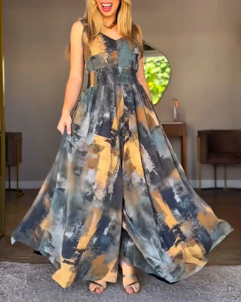 "Abstract Oil Print V-Neck Wide Leg High Waist Jumpsuit"