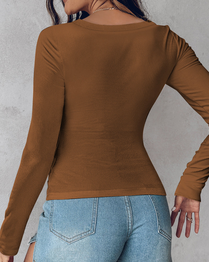 U-Neck Long-Sleeve Ribbed Top Featuring Integrated Bra Support