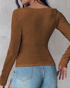 U-Neck Long-Sleeve Ribbed Top Featuring Integrated Bra Support