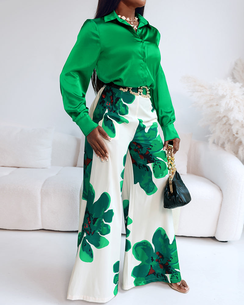 Satin Blouse and Floral Wide-Leg Pants Two-Piece Set