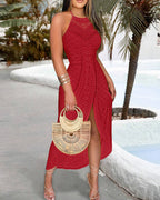 Ruched Halter Dress with Lace Yoke and Adjustable Neckline