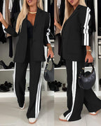 Striped Notched Collar Blazer with Coordinating Wide Leg Pants Set