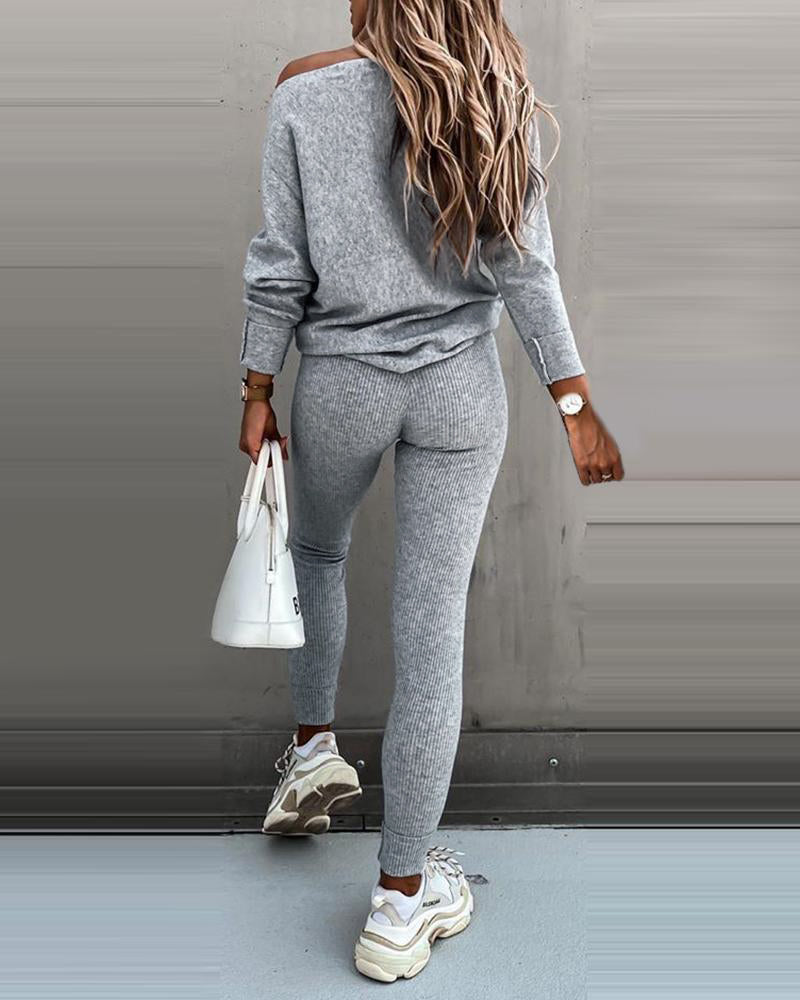 Skew Neck Pullover with High-Waist Drawstring Pants Set