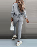 Skew Neck Pullover with High-Waist Drawstring Pants Set