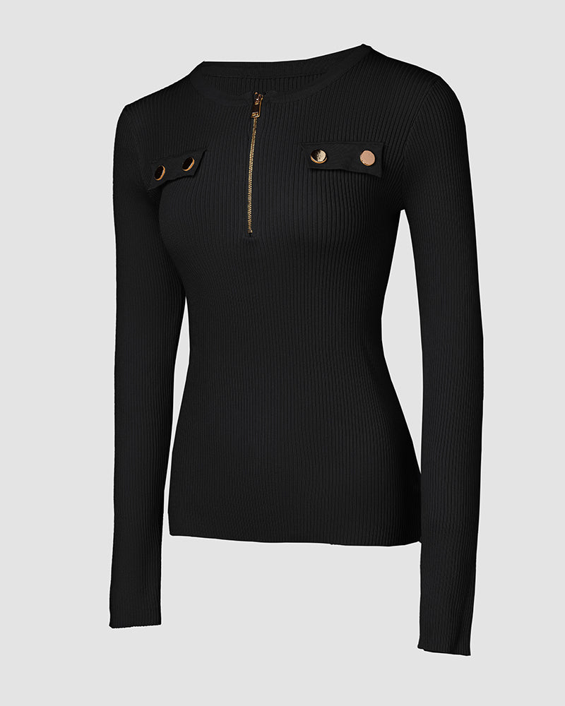 Half-Zip Ribbed Knit Crewneck Sweater with Flap Detail Pullover.