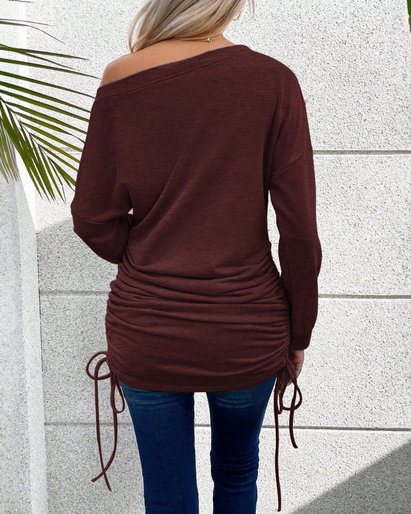 Long Sleeve Skew Neck Top with Drawstring Side Detail