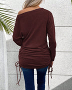 Long Sleeve Skew Neck Top with Drawstring Side Detail