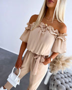 Off-Shoulder Frill Trim Textured Jumpsuit with Tie Waist