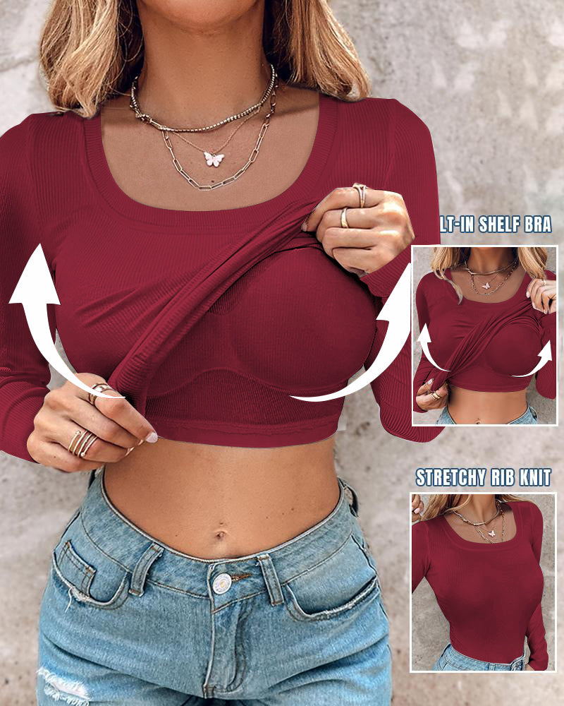 U-Neck Long Sleeve Ribbed Top with Built-In Bra