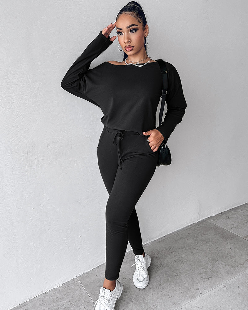 2-Piece Asymmetrical Neck Sweater and Drawstring Slim-Fit Pants Set