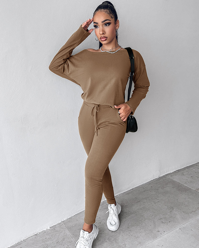 2-Piece Asymmetrical Neck Sweater and Drawstring Slim-Fit Pants Set