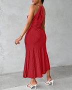 Ruched Halter Dress with Lace Yoke and Adjustable Neckline