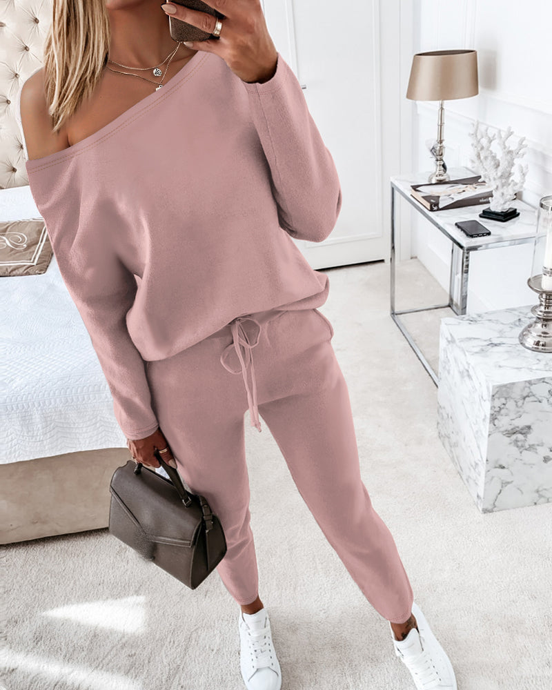 2-Piece Asymmetrical Neck Sweater and Drawstring Slim-Fit Pants Set