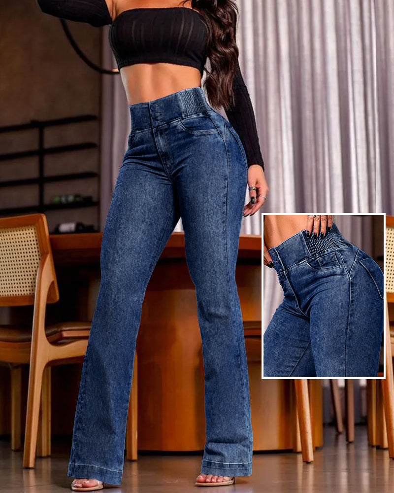 CurveEase High-Waisted Flared Skinny Jeans with Button Detail
