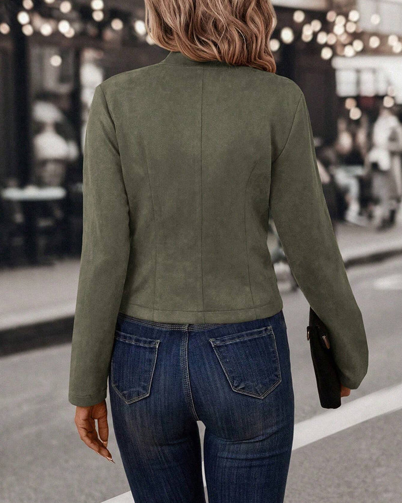 Faux Suede Jacket with Stand Collar and Button-Up Front