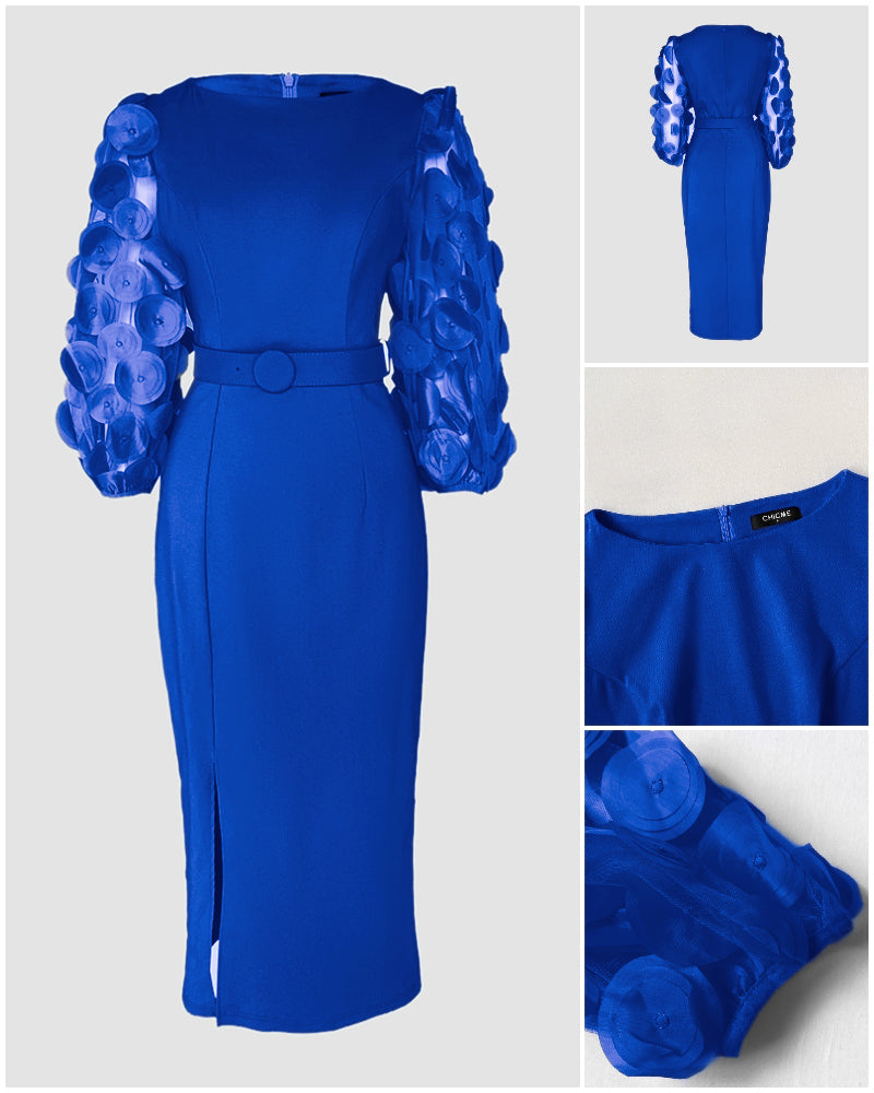 3D Polka Dot Mesh Lantern Sleeve Mid-Length Office Dress