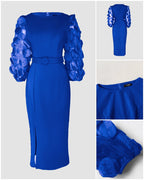 3D Polka Dot Mesh Lantern Sleeve Mid-Length Office Dress