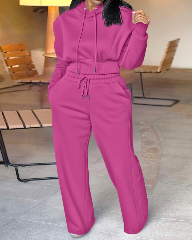2-Piece Long Sleeve Hoodie and Wide-Leg Pants Set.